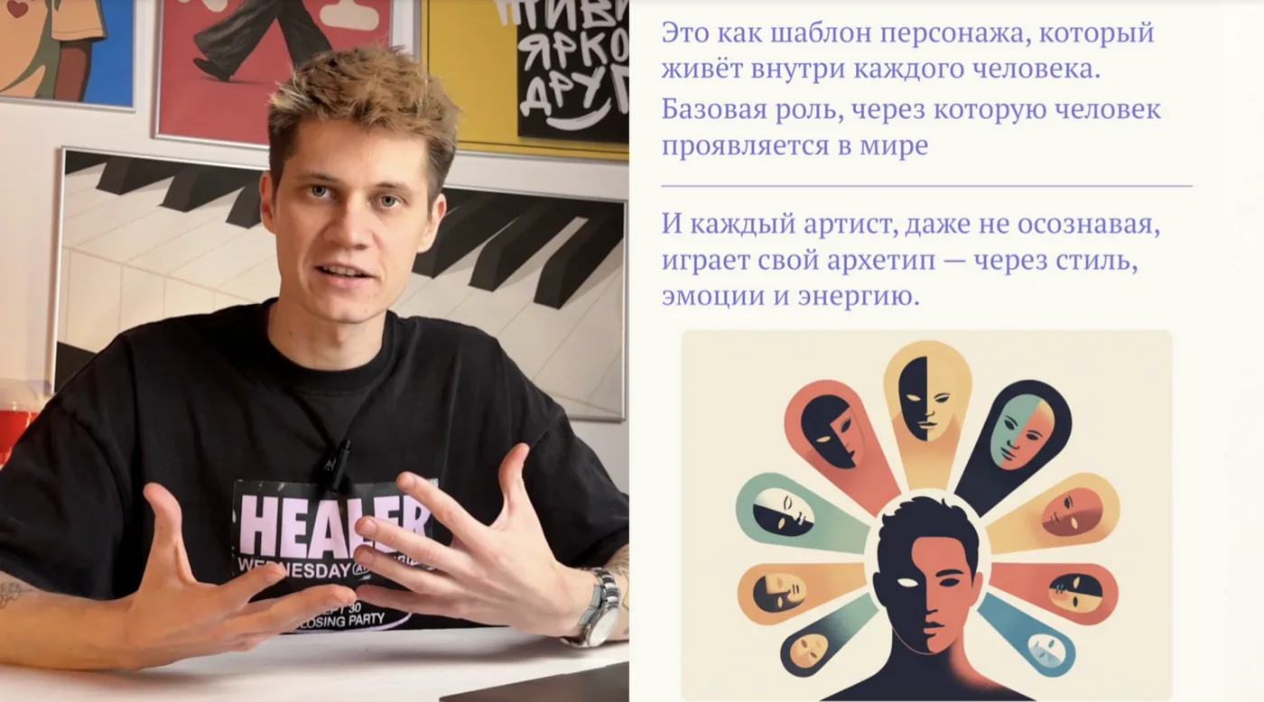 Кадр урока про архетип артиста со схемой из масок