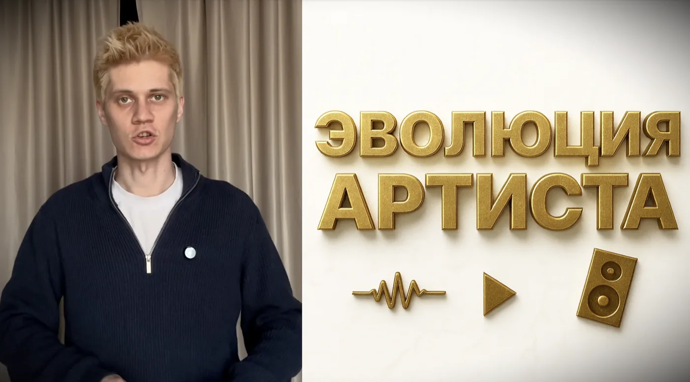 Кадр урока: Денис в кадре, рядом золотая заставка «Эволюция артиста»